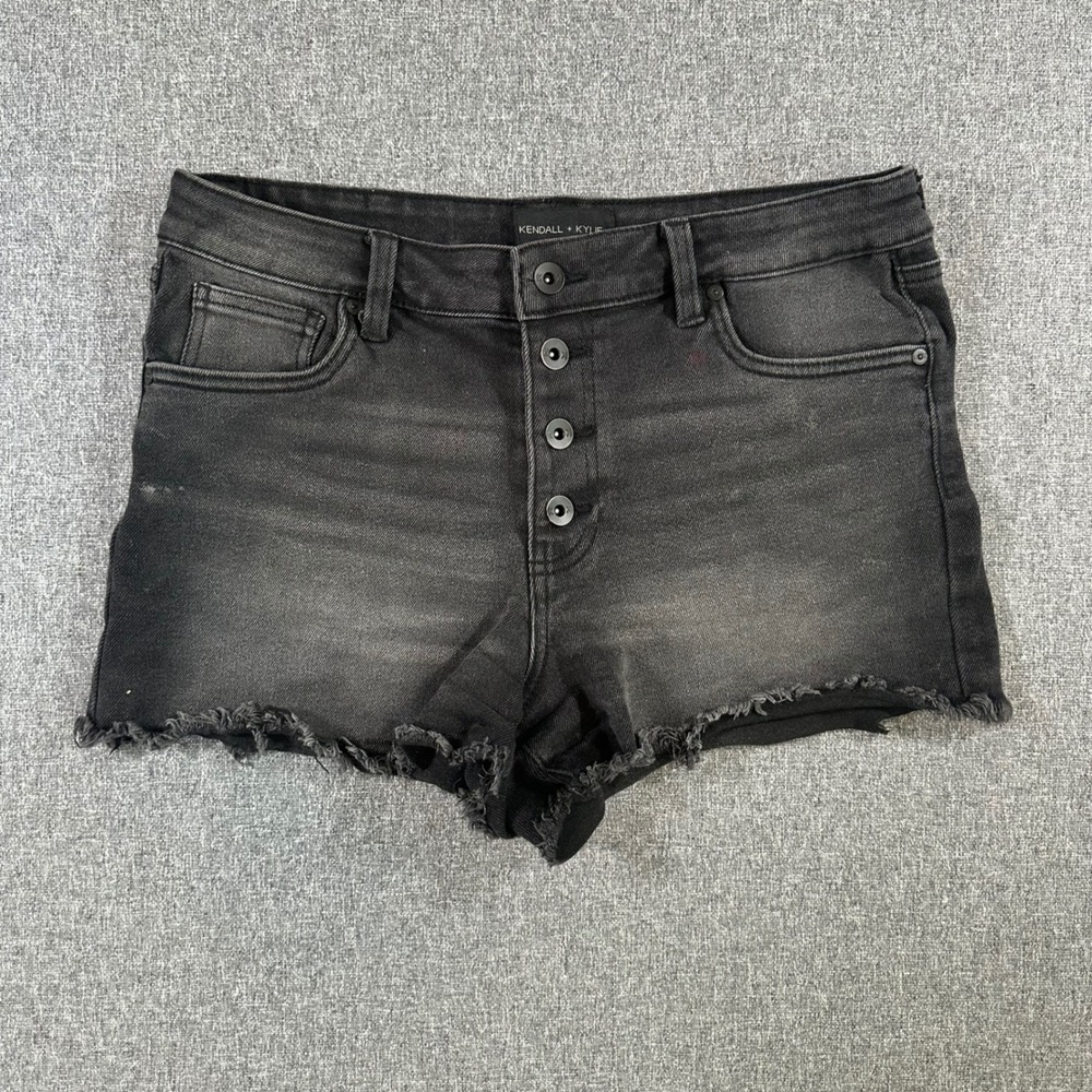 Kendall + Kylie The Hipster Short Black Denim Button Fly Frayed Hem Womens 11/30
